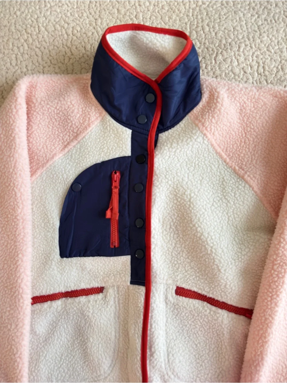 Free People Pink & White fleece hit the slopes sz S Jacket, navy pocket red trim